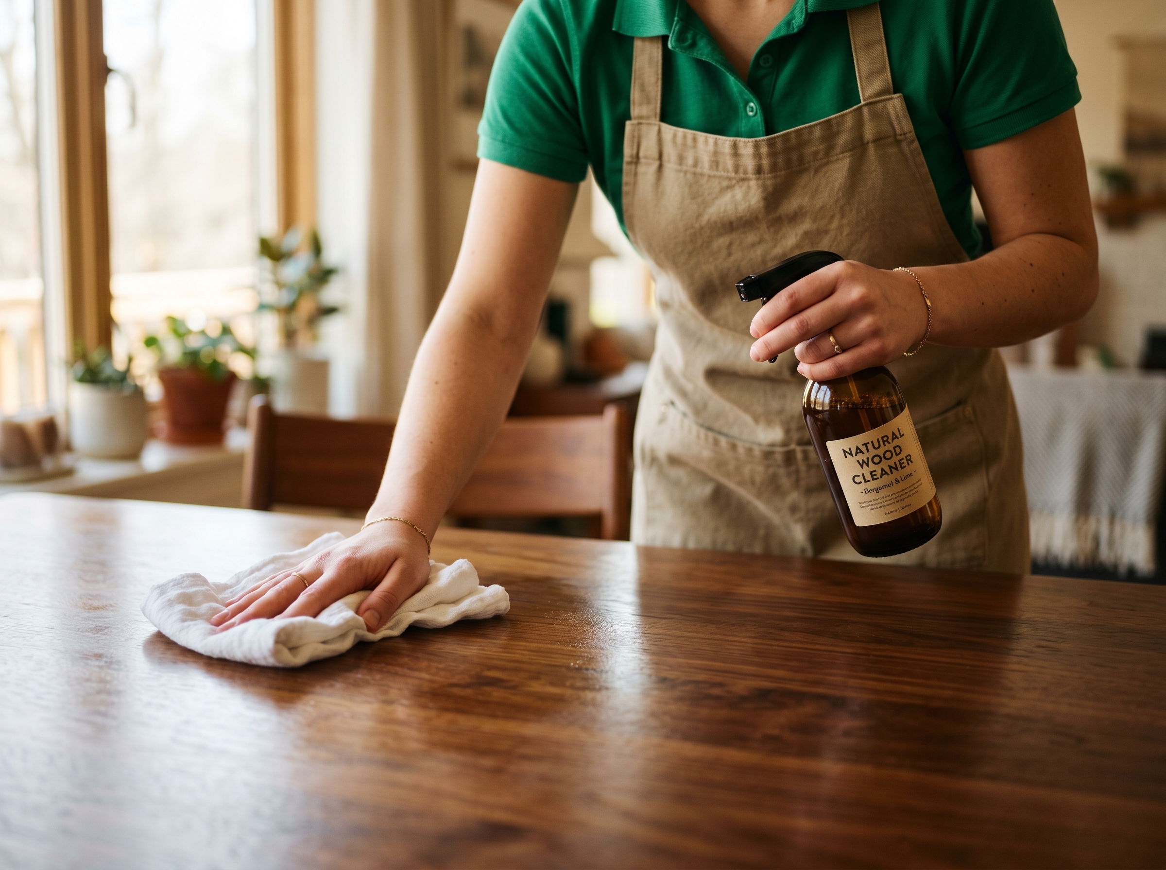 A Jemstone team member polishing a wood dining table